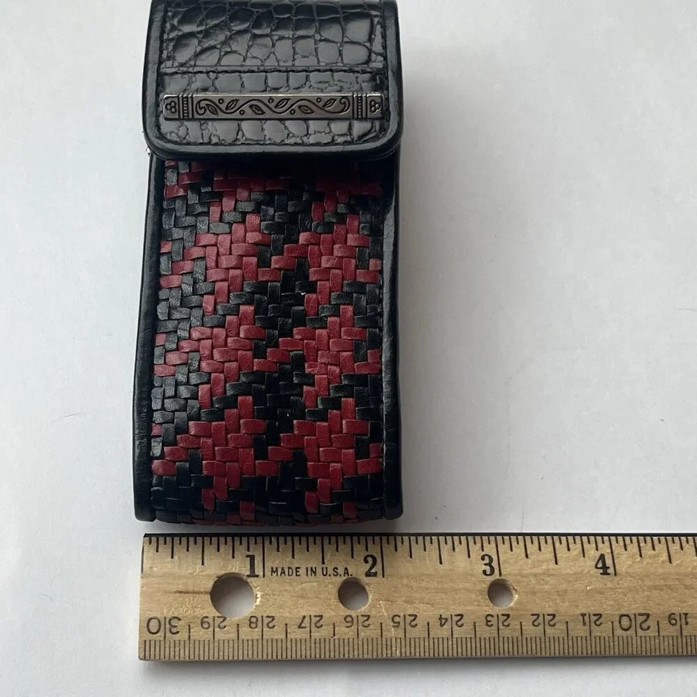 Vtg Brighton Woven Leather Lipstick Holder Case Black Red Houndstooth Mock Croc